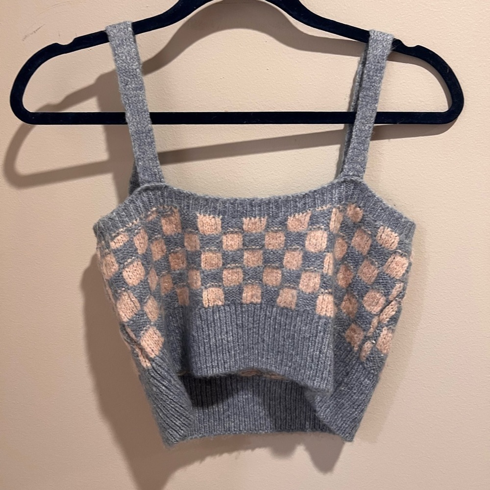TopShop Knit Crop Top - Gray and Pink Checkered - Picture 2 of 3
